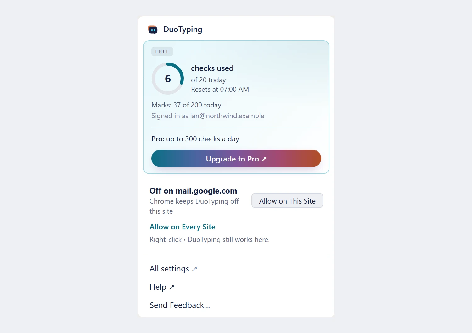 DuoTyping’s toolbar popup on a site Chrome keeps it off, with Allow on This Site.