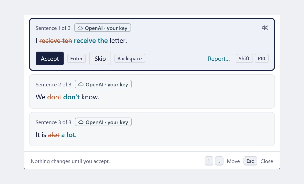 DuoTyping for Windows’ review, each fix shown in its sentence: the old words struck, the new ones after.