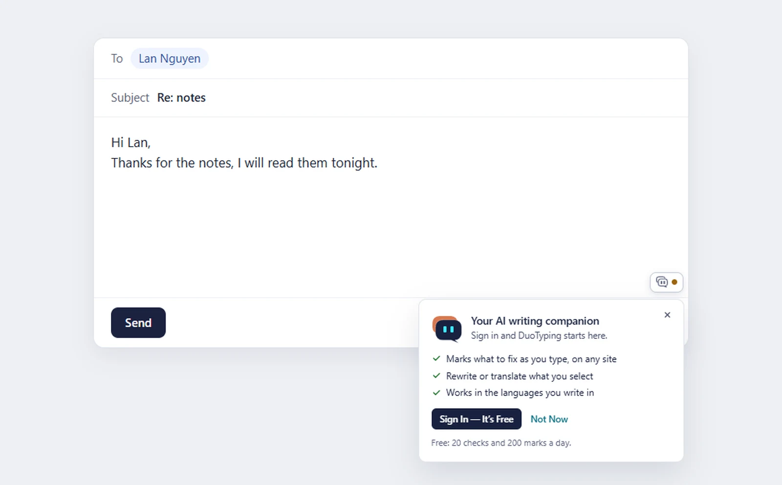 DuoTyping’s sign-in card above its button in a text box, with Sign In and Not Now.